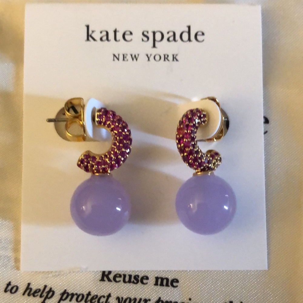 Kate Spade Showtime Huggie Hoop Earrings With Red Crystal & Purple Bead NWT - Picture 5 of 14